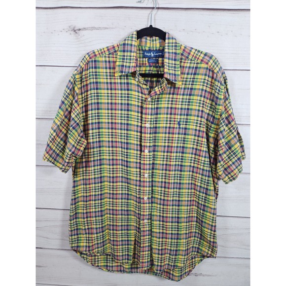 Ralph Lauren Men's Green Blue‎ Plaid Short Sleeve Button Down Shirts Size Medium - Picture 1 of 5